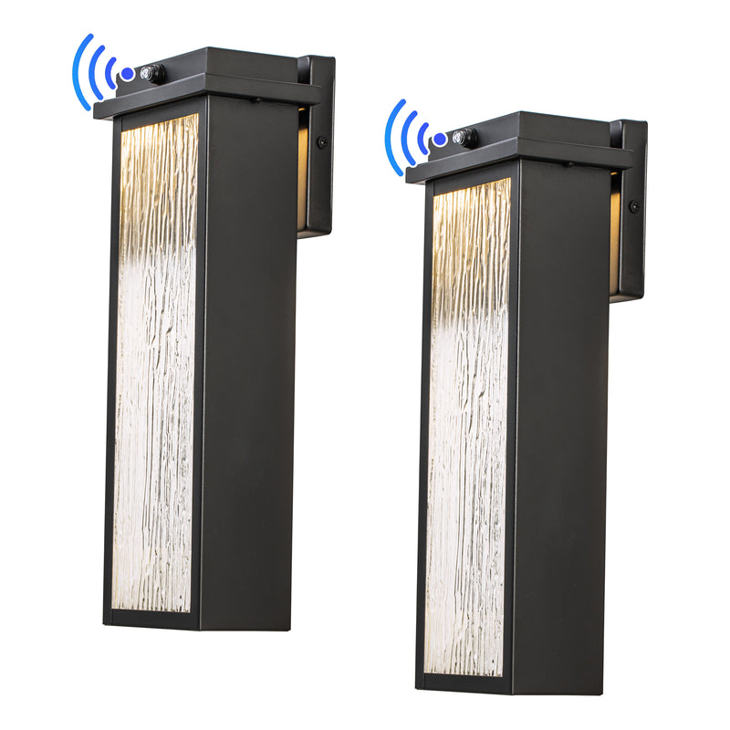 Matte Black LED Outdoor Wall Light with Ripple Tempered Glass(2-pack)