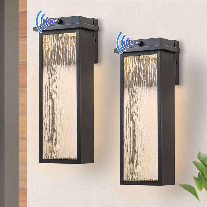 2 Pack Matte Black LED Outdoor Wall Light with Ripple Tempered Glass