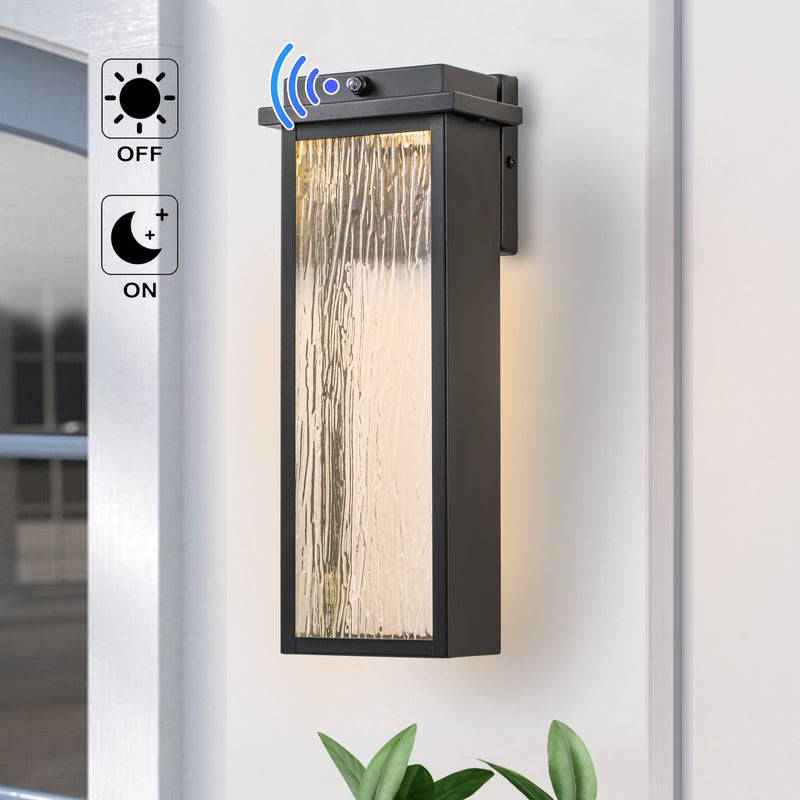 2 Pack Matte Black LED Outdoor Wall Light with Ripple Tempered Glass