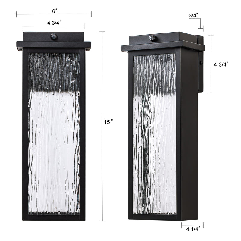 2 Pack Matte Black LED Outdoor Wall Light with Ripple Tempered Glass
