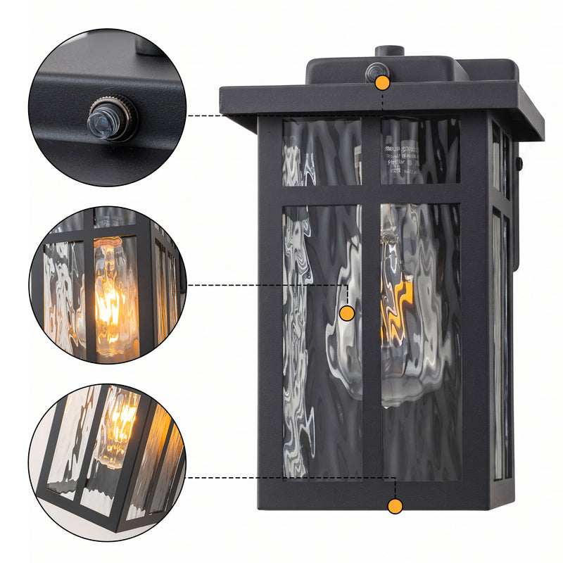 Matte Black Dusk to Dawn Outdoor Hardwired Wall Lantern Sconces with Water Glass (2-Pack)