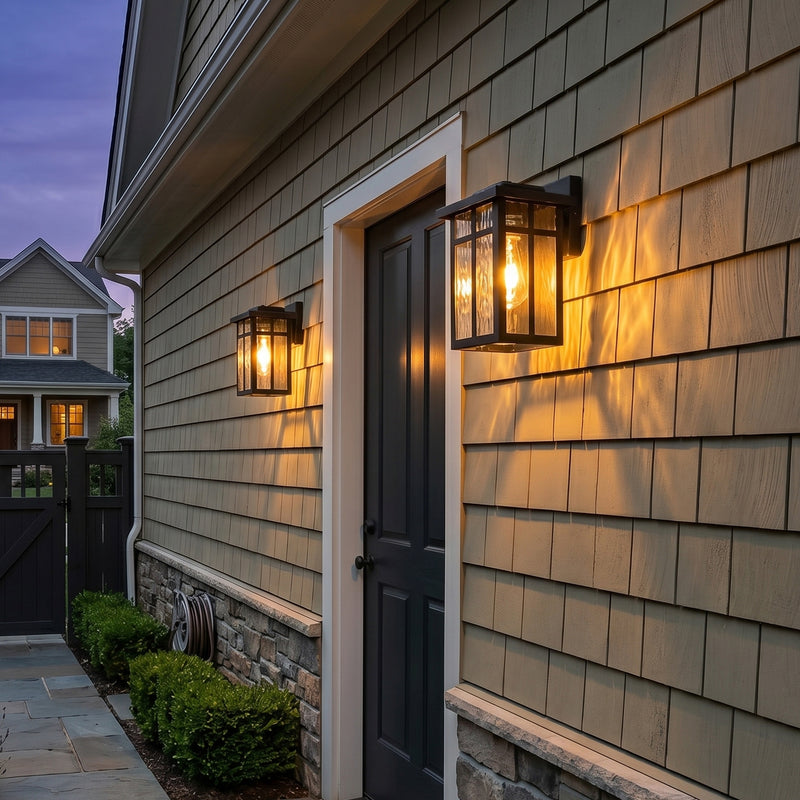 Matte Black Dusk to Dawn Outdoor Hardwired Wall Lantern Sconces with Water Glass (2-Pack)