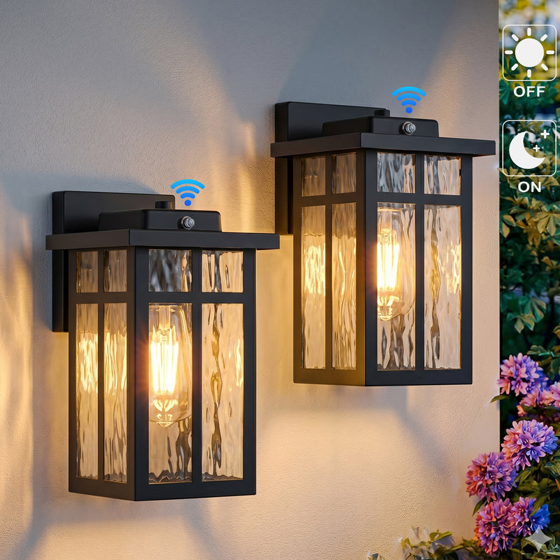 Matte Black Dusk to Dawn Outdoor Hardwired Wall Lantern Sconces with Water Glass (2-Pack)