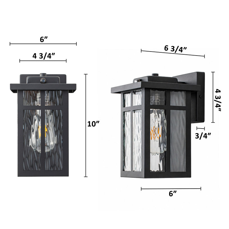 Matte Black Dusk to Dawn Outdoor Hardwired Wall Lantern Sconces with Water Glass (2-Pack)