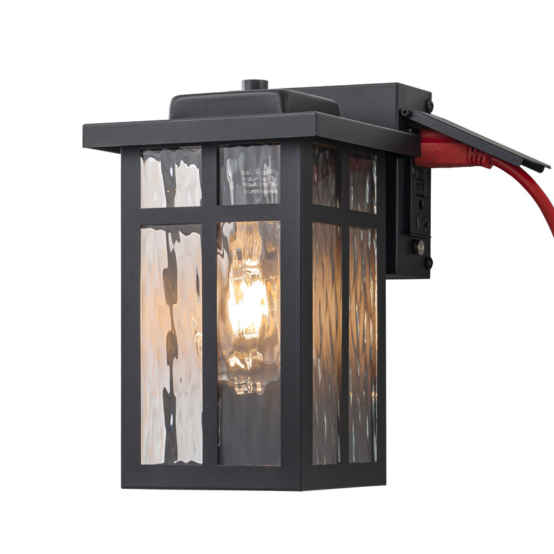 Black Outdoor Wall Lantern with Water Glass Shade and GFCI Outlet