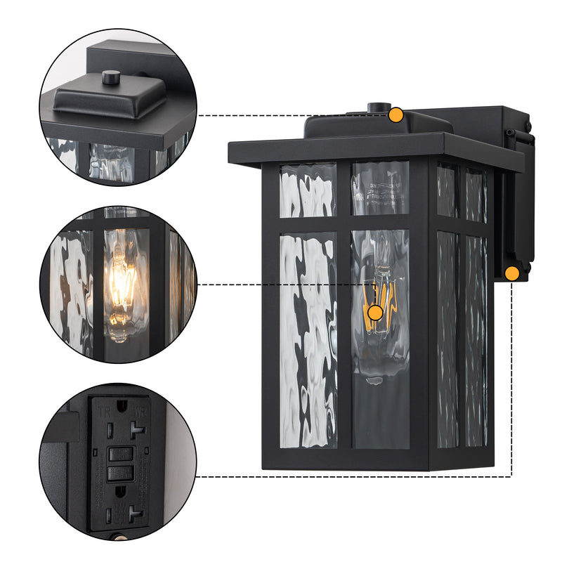 Black Outdoor Wall Lantern with Water Glass Shade and GFCI Outlet