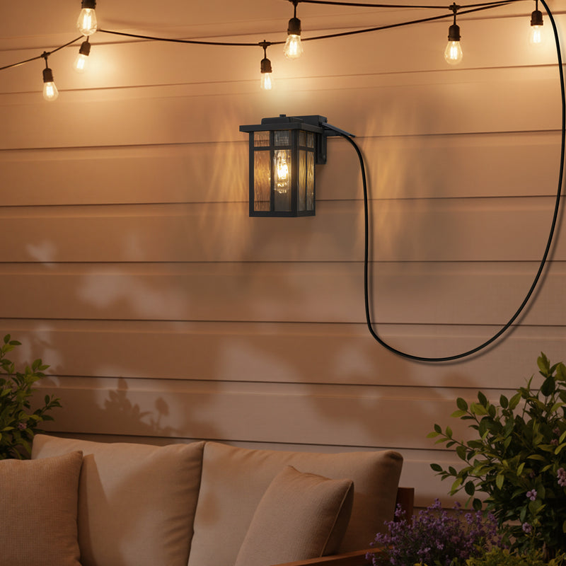 Black Outdoor Wall Lantern with Water Glass Shade and GFCI Outlet