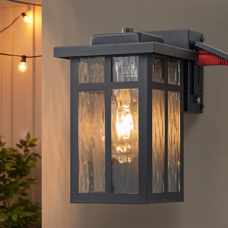 Black Outdoor Wall Lantern with Water Glass Shade and GFCI Outlet