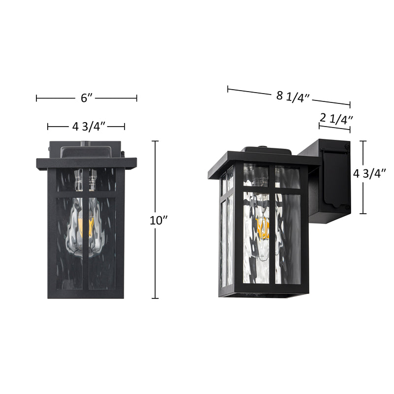 Black Outdoor Wall Lantern with Water Glass Shade and GFCI Outlet
