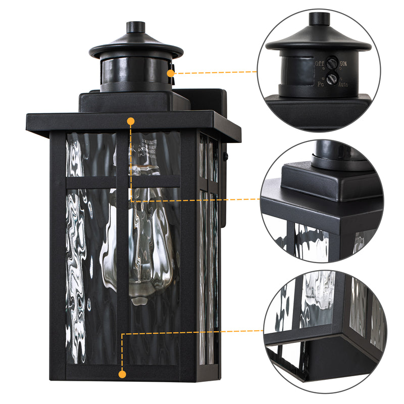 2-Pack Matte Black Motion Sensing Dusk to Dawn Outdoor Wall Lantern Sconces with Water Glass
