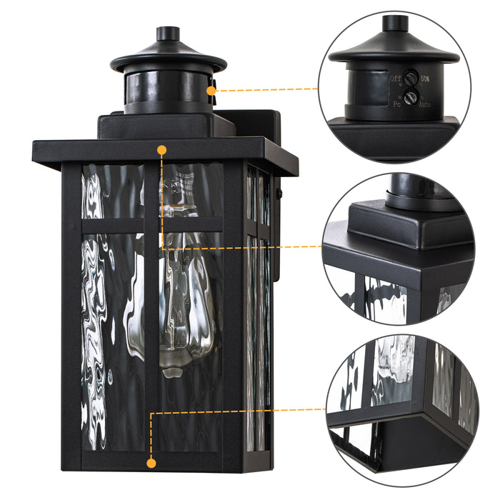 2-Pack Matte Black Motion Sensing Dusk to Dawn Outdoor Wall Lantern Sconces with Water Glass