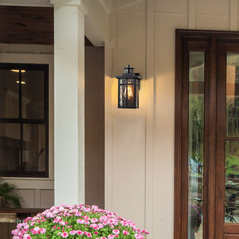 2-Pack Matte Black Motion Sensing Dusk to Dawn Outdoor Wall Lantern Sconces with Water Glass
