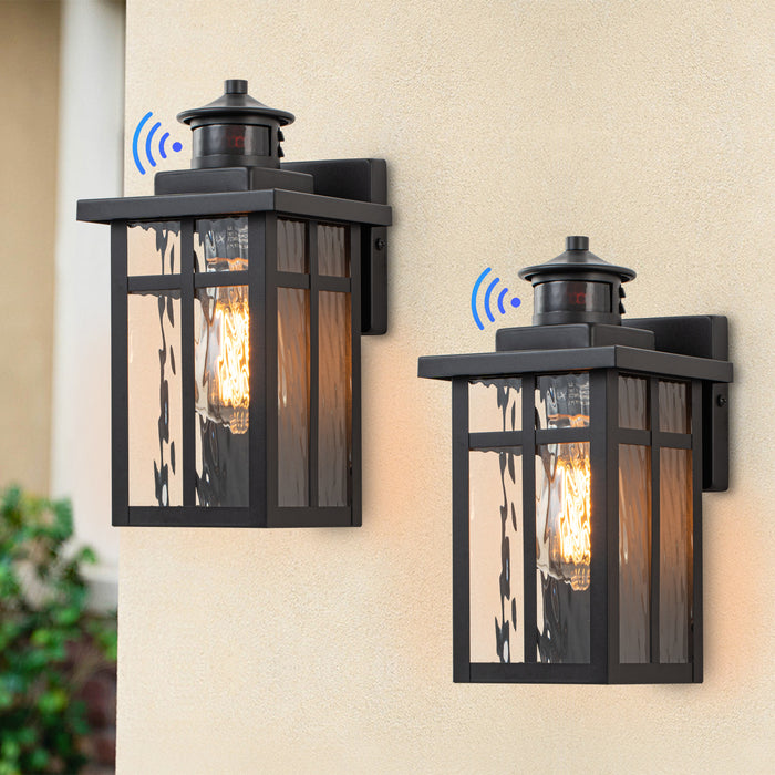 2-Pack Matte Black Motion Sensing Dusk to Dawn Outdoor Wall Lantern Sconces with Water Glass