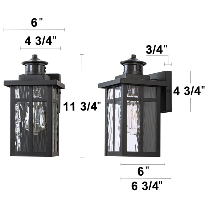 2-Pack Matte Black Motion Sensing Dusk to Dawn Outdoor Wall Lantern Sconces with Water Glass