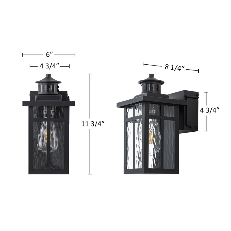 Black Motion Sensor Dusk to Dawn Outdoor Wall Lantern with Water Glass and GFCI Outlet