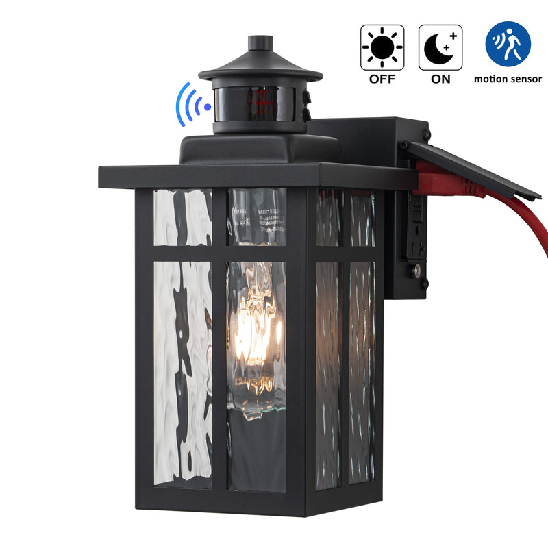 Black Motion Sensor Dusk to Dawn Outdoor Wall Lantern with Water Glass and GFCI Outlet