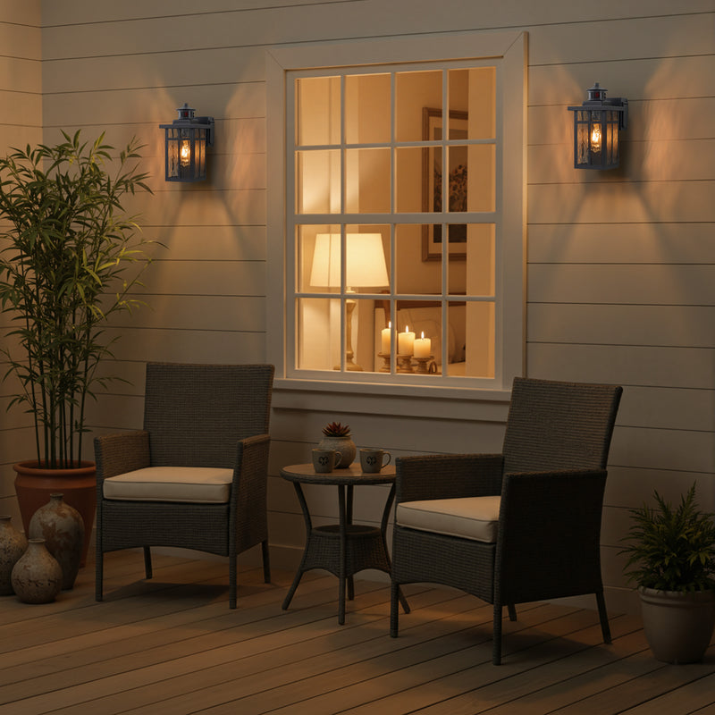 Black Motion Sensor Dusk to Dawn Outdoor Wall Lantern with Water Glass and GFCI Outlet