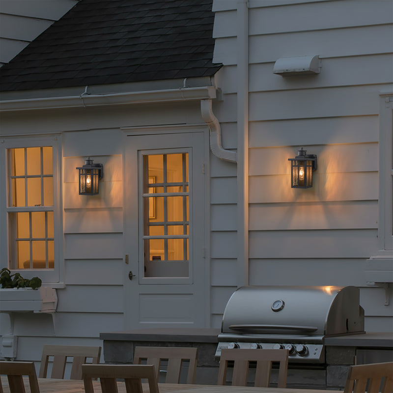Black Motion Sensor Dusk to Dawn Outdoor Wall Lantern with Water Glass and GFCI Outlet