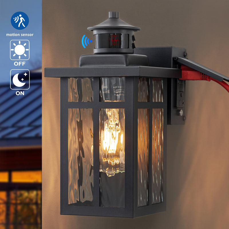 Black Motion Sensor Dusk to Dawn Outdoor Wall Lantern with Water Glass and GFCI Outlet