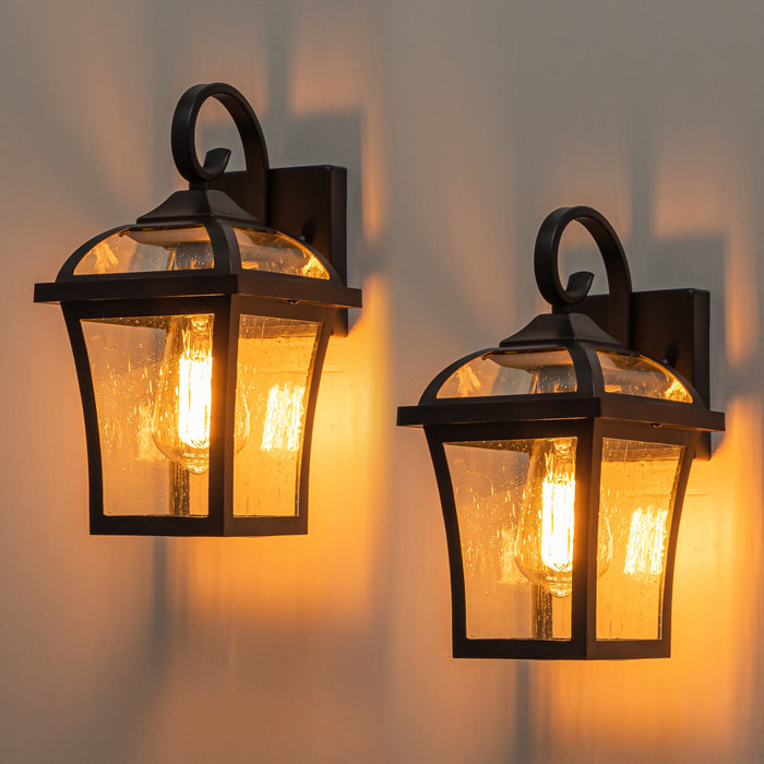 1-Light Matte Black Outdoor Wall Lantern with Clear Seeded Glass(2-pack)