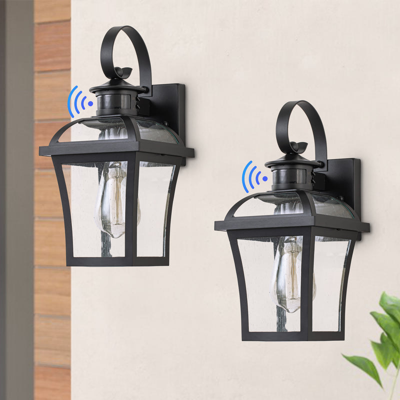 2-pack Matte Black Motion Sensing Dusk to Dawn Outdoor Wall Lantern Sconce with Clear Seeded Glass