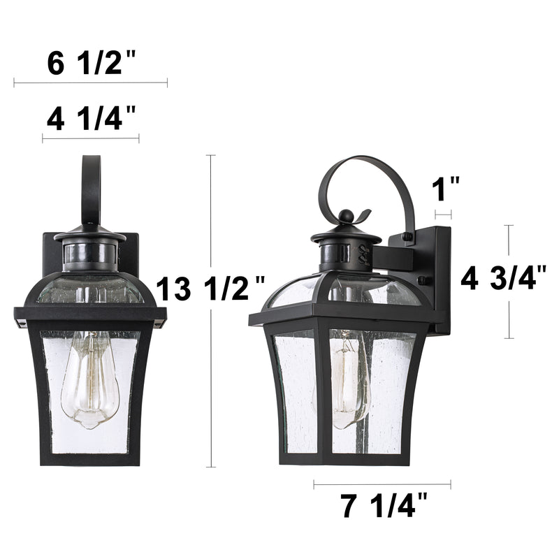 2-pack Matte Black Motion Sensing Dusk to Dawn Outdoor Wall Lantern Sconce with Clear Seeded Glass