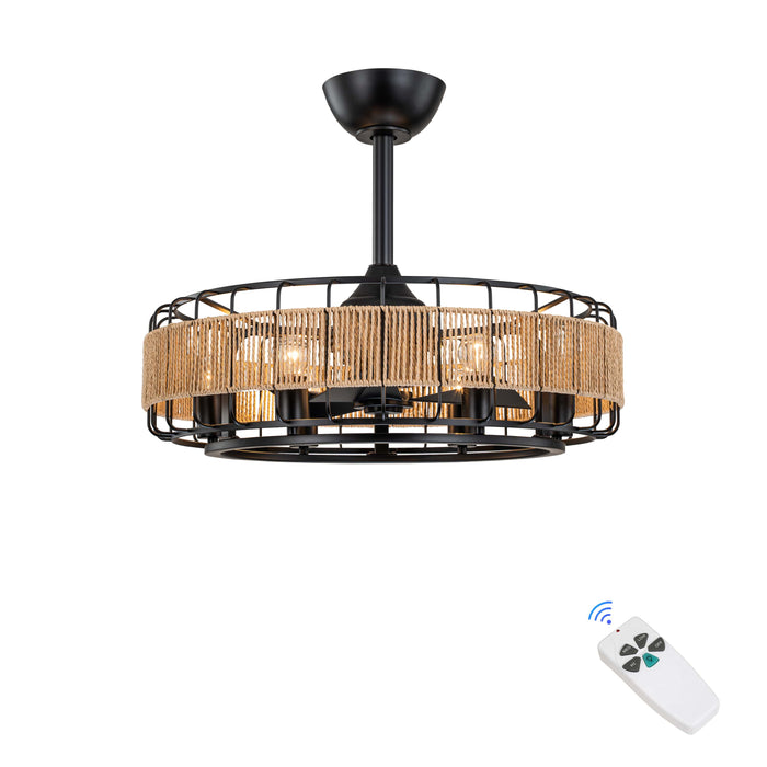 23 in Black Ceiling Fan with Paper Rope Shade and Remote Control