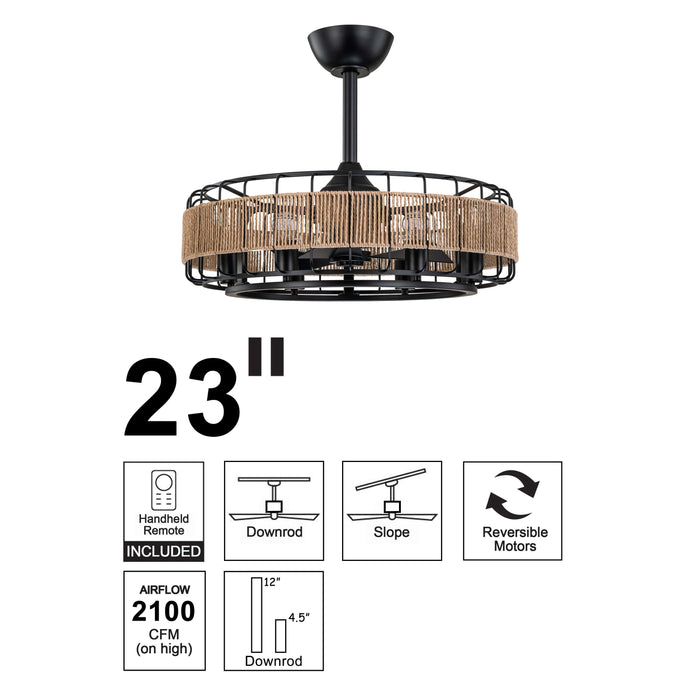 23 in Black Ceiling Fan with Paper Rope Shade and Remote Control