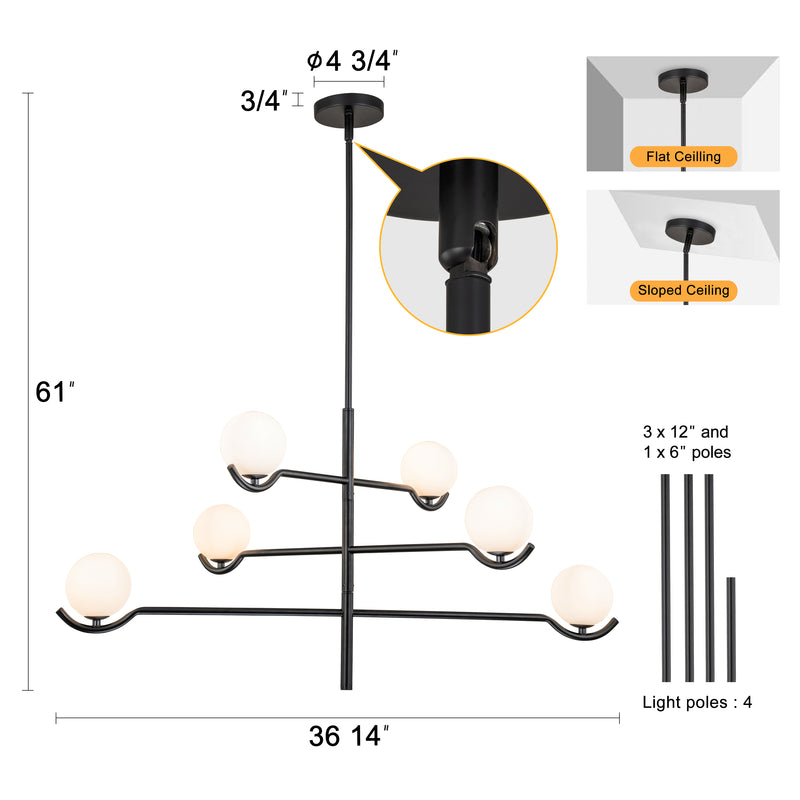 4-Light/6- Light Black Sputnik Chandelier with White Opal Glass
