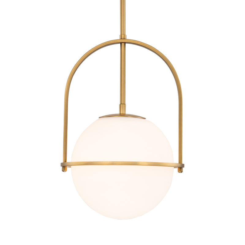 1-Light Antique Brass Sphere Pendant Light with Opal Glass Shade
