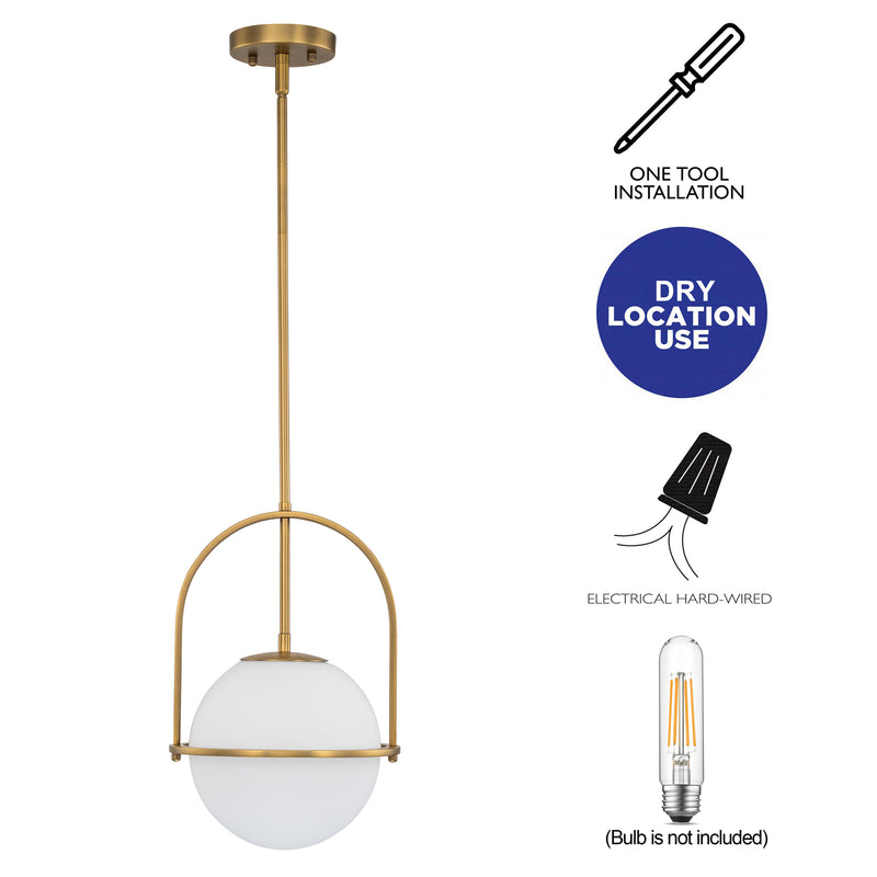 1-Light Antique Brass Sphere Pendant Light with Opal Glass Shade