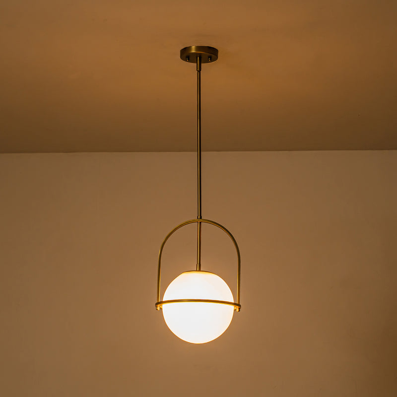 1-Light Antique Brass Sphere Pendant Light with Opal Glass Shade