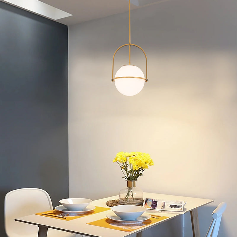 1-Light Antique Brass Sphere Pendant Light with Opal Glass Shade