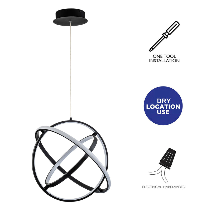 16in Black Aluminum Adjustable LED Globe Chandelier