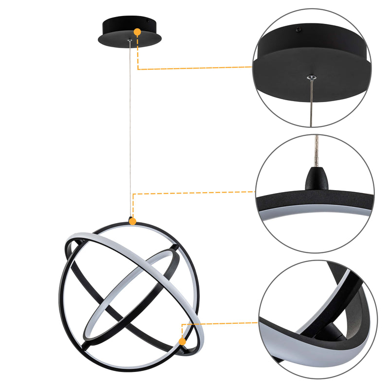 16in Black Aluminum Adjustable LED Globe Chandelier