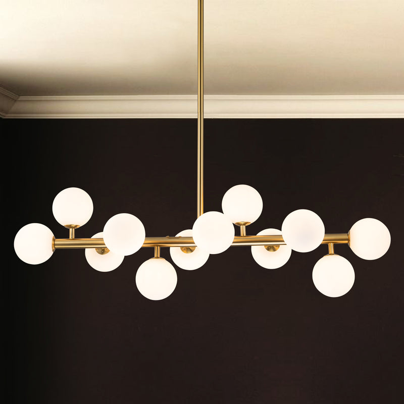 12-Light Bronze Linear Chandelier with Opal Glass Globes
