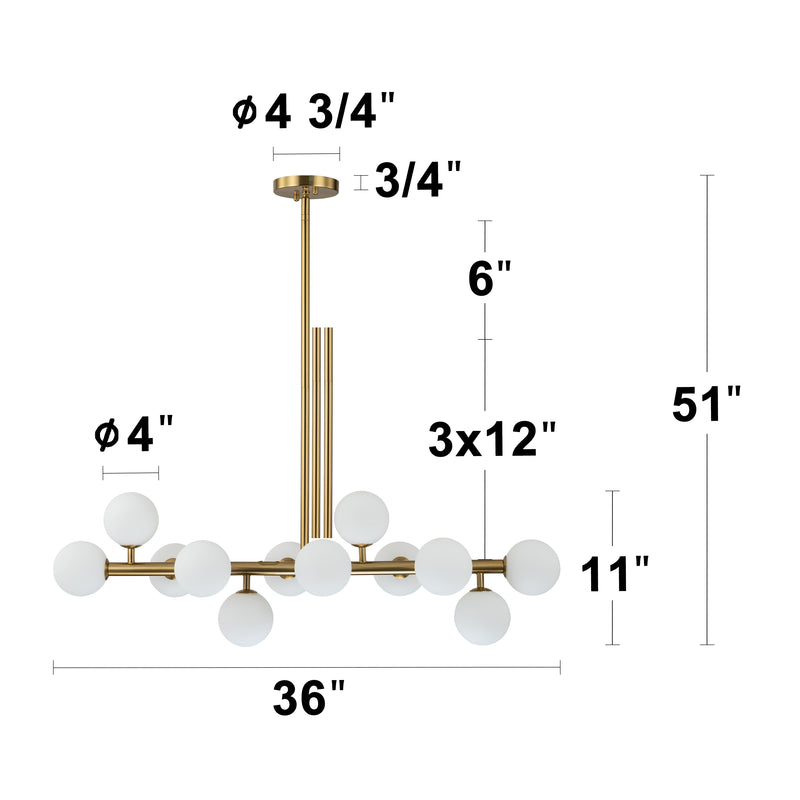 12-Light Bronze Linear Chandelier with Opal Glass Globes