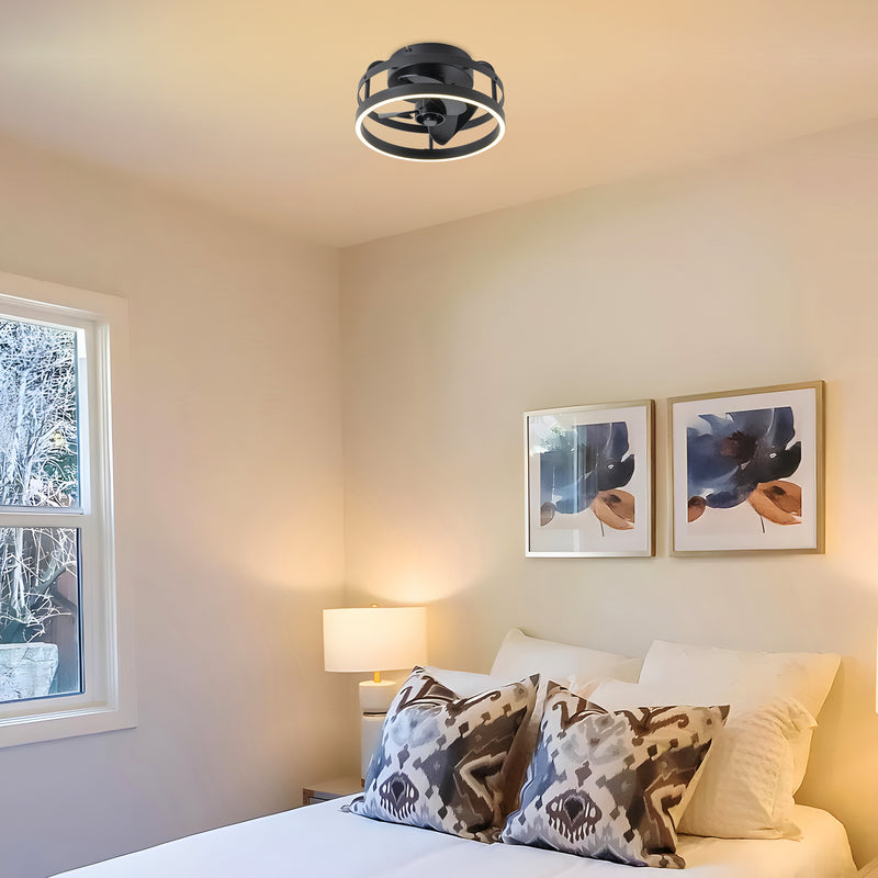 12 in. Black Low Profile Color Changing LED Flush Mount with Remote and APP Smart Control Indoor Ceiling Fan with Dimmable Lighting