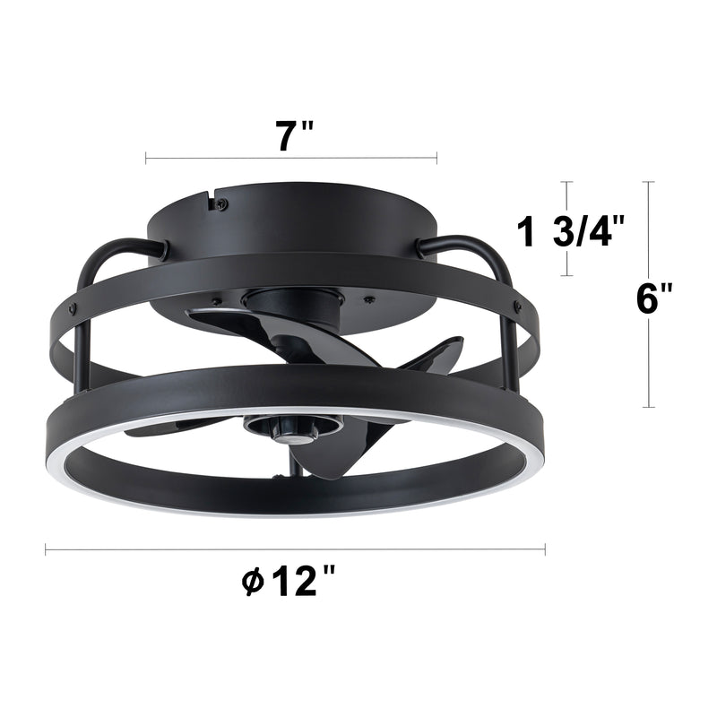 12 in. Black Low Profile Color Changing LED Flush Mount with Remote and APP Smart Control Indoor Ceiling Fan with Dimmable Lighting