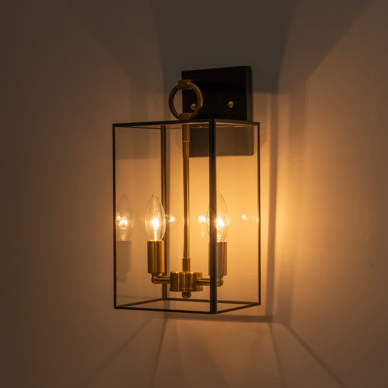 2-Light Dark Bronze Finish Brass Outdoor Wall Lantern with E12 Base Socket and Clear Tempered Glass Shade