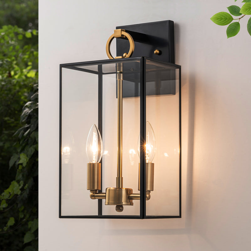 2-Light Dark Bronze Finish Brass Outdoor Wall Lantern with E12 Base Socket and Clear Tempered Glass Shade