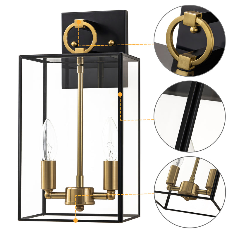 2-Light Dark Bronze Finish Brass Outdoor Wall Lantern with E12 Base Socket and Clear Tempered Glass Shade