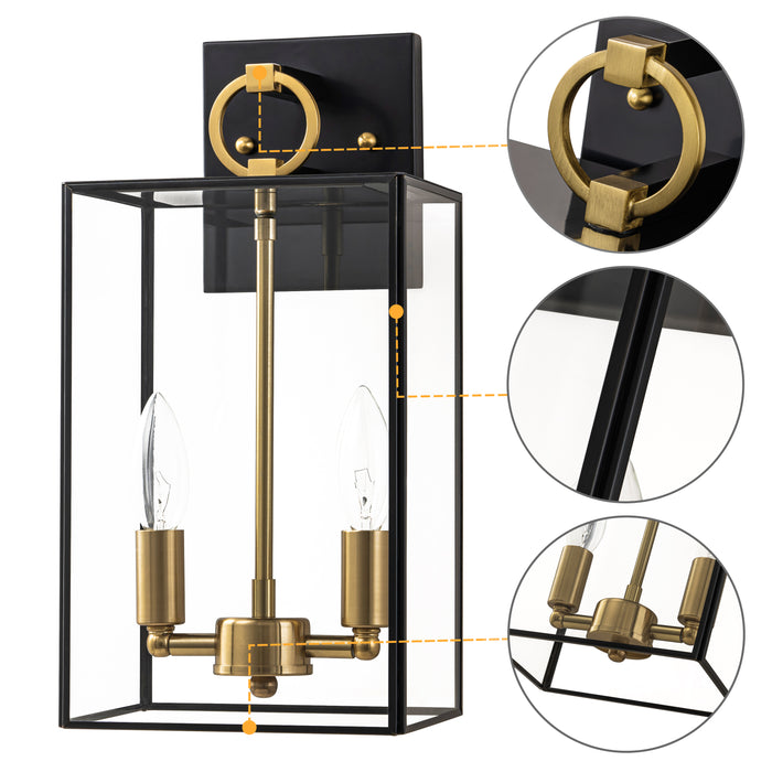 2-Light Dark Bronze Finish Brass Outdoor Wall Lantern with E12 Base Socket and Clear Tempered Glass Shade