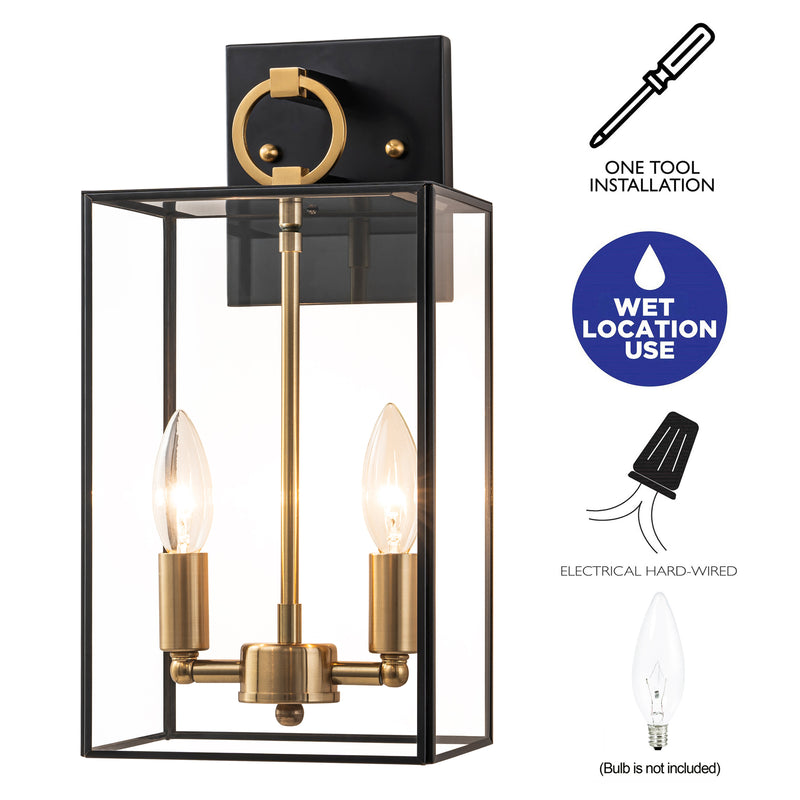 2-Light Dark Bronze Finish Brass Outdoor Wall Lantern with E12 Base Socket and Clear Tempered Glass Shade