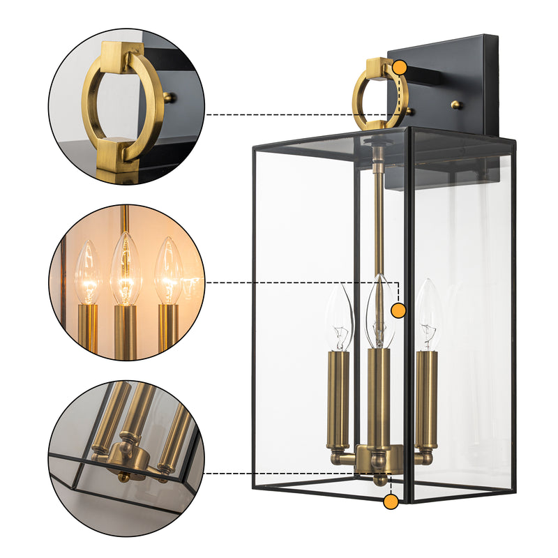 C Cattleya 3-Light Dark Bronze Finish Brass Outdoor Wall Lantern with E12 Base Socket and Clear Tempered Glass Shade