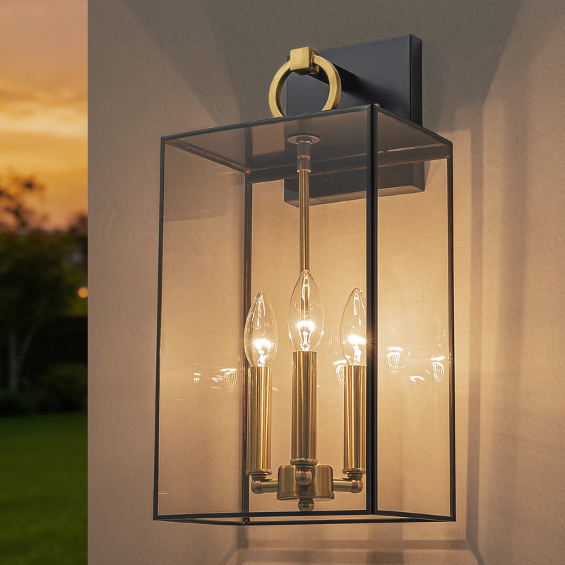 C Cattleya 3-Light Dark Bronze Finish Brass Outdoor Wall Lantern with E12 Base Socket and Clear Tempered Glass Shade