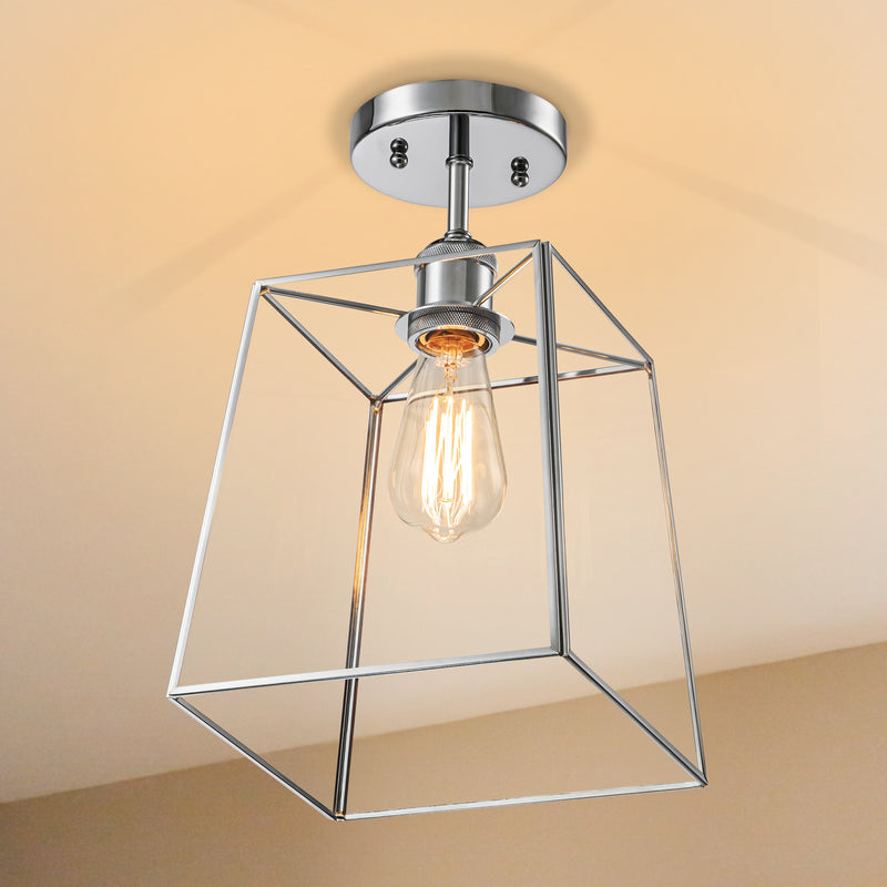 1-Light Chrome Semi-Flush Mount Ceiling Light with Tempered Glass Shade