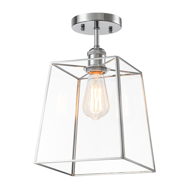 1-Light Chrome Semi-Flush Mount Ceiling Light with Tempered Glass Shade