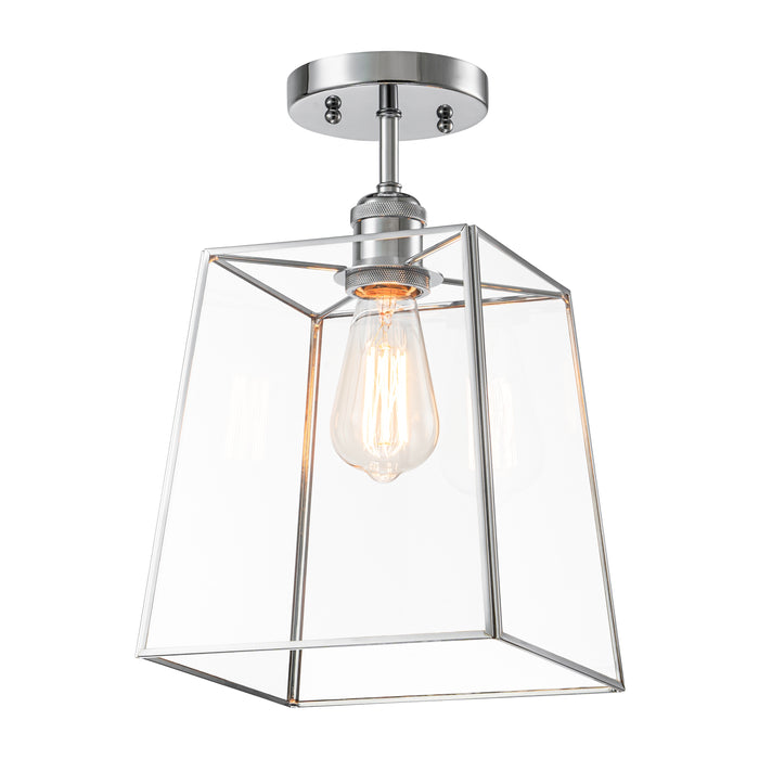 1-Light Chrome Semi-Flush Mount Ceiling Light with Tempered Glass Shade