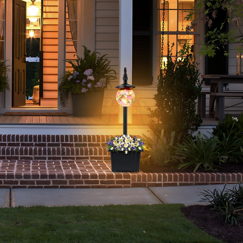 C Cattleya Solar Outdoor Post Light with Planter and Mosaic Glass Shade